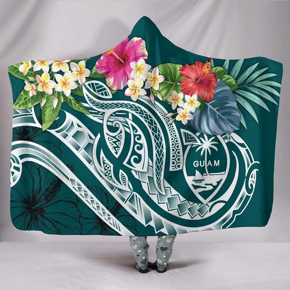 Guam Polynesian Hooded Blanket - Summer Plumeria (Turquoise)