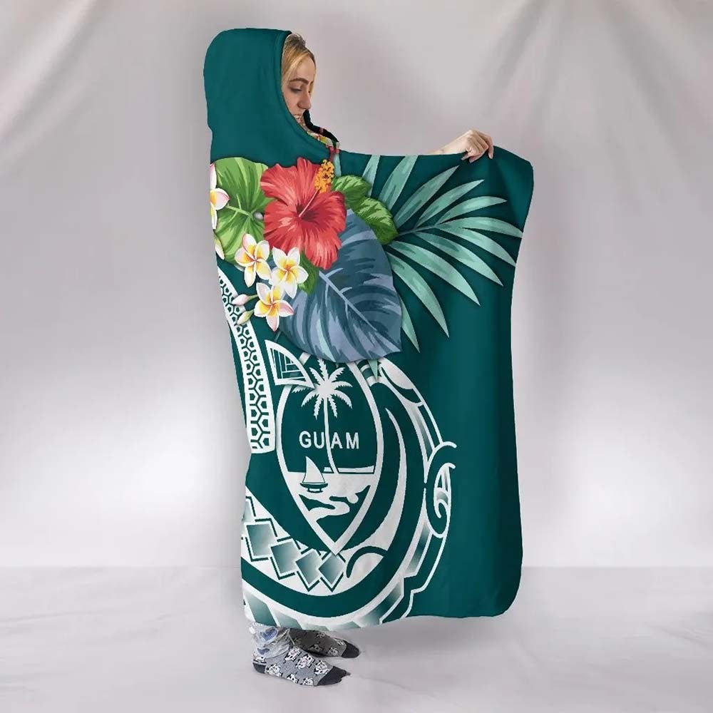 Guam Polynesian Hooded Blanket - Summer Plumeria (Turquoise)