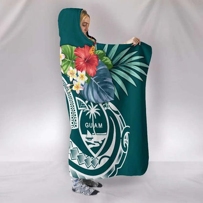 Guam Polynesian Hooded Blanket - Summer Plumeria (Turquoise)