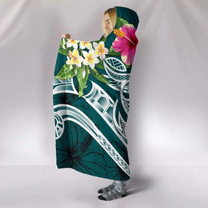 Guam Polynesian Hooded Blanket - Summer Plumeria (Turquoise)