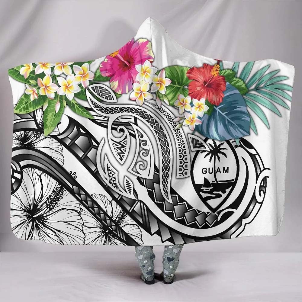 Guam Polynesian Hooded Blanket - Summer Plumeria (White)