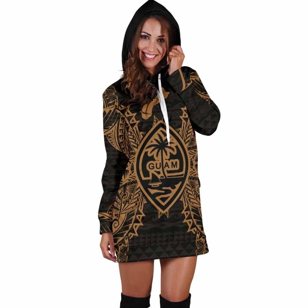 Guam Polynesian Hoodie Dress Map Gold