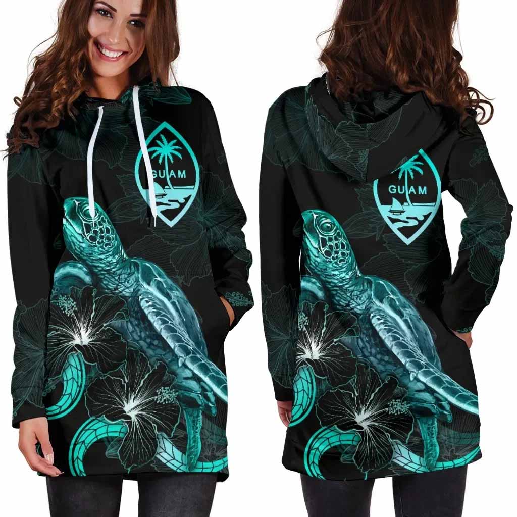 Guam Polynesian Hoodie Dress - Turtle With Blooming Hibiscus Turquoise