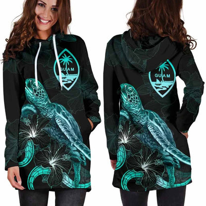 Guam Polynesian Hoodie Dress - Turtle With Blooming Hibiscus Turquoise