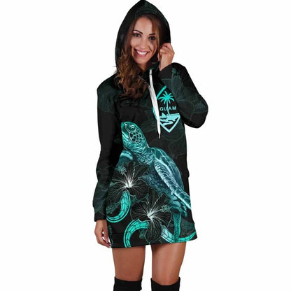 Guam Polynesian Hoodie Dress - Turtle With Blooming Hibiscus Turquoise