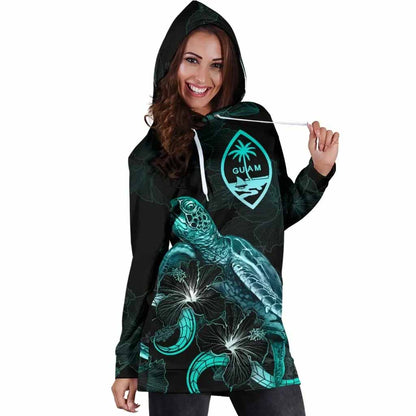 Guam Polynesian Hoodie Dress - Turtle With Blooming Hibiscus Turquoise