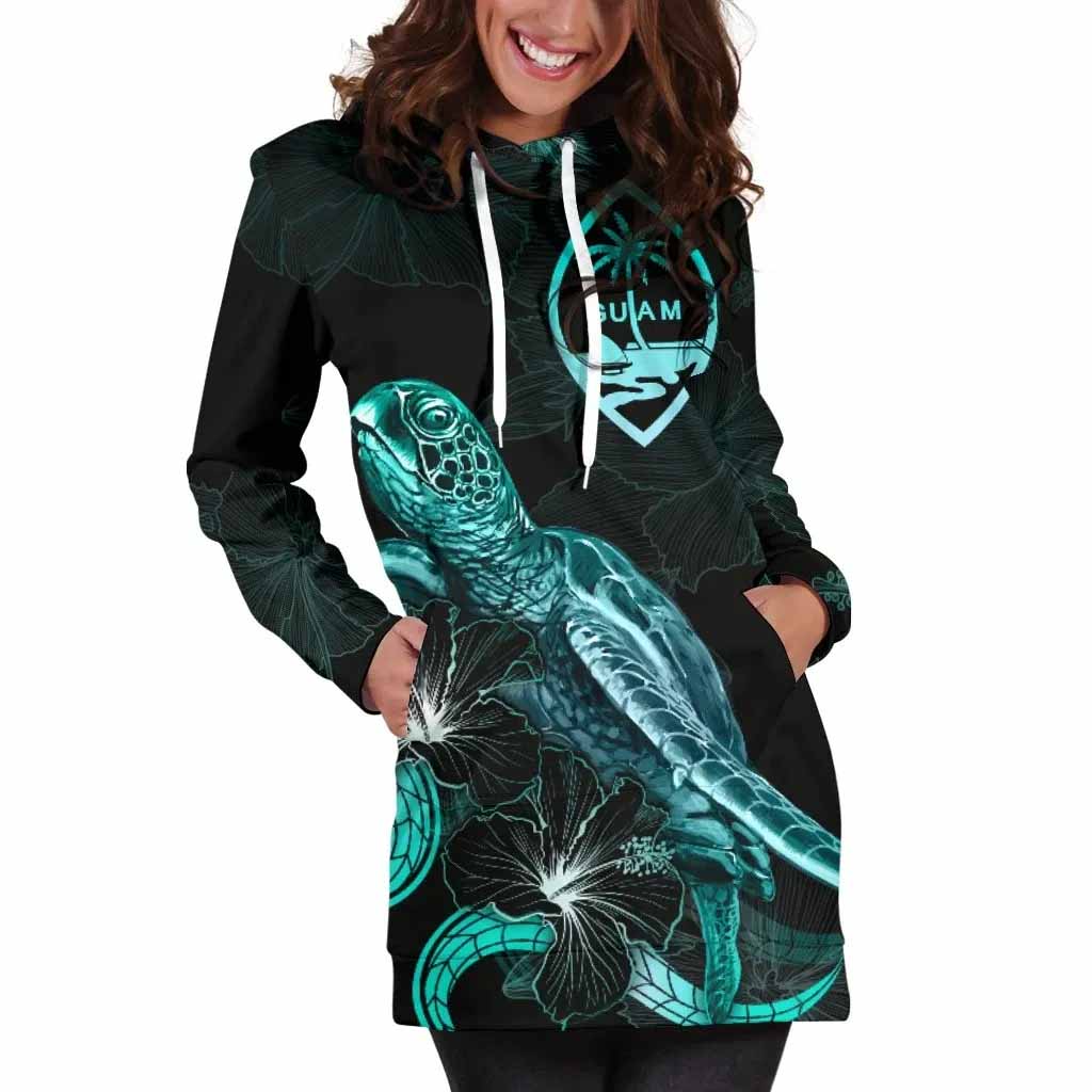 Guam Polynesian Hoodie Dress - Turtle With Blooming Hibiscus Turquoise