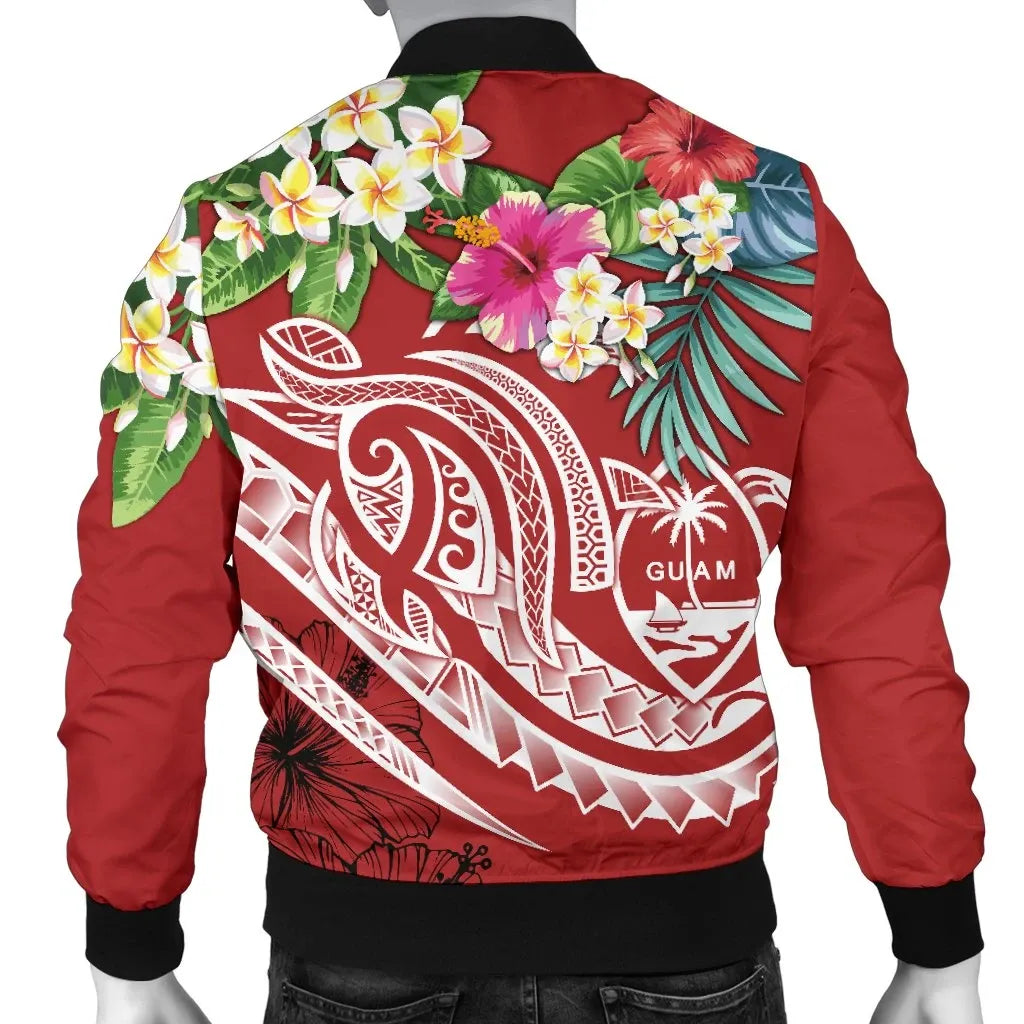 Guam Polynesian Bomber Jacket- Summer Plumeria (Black)