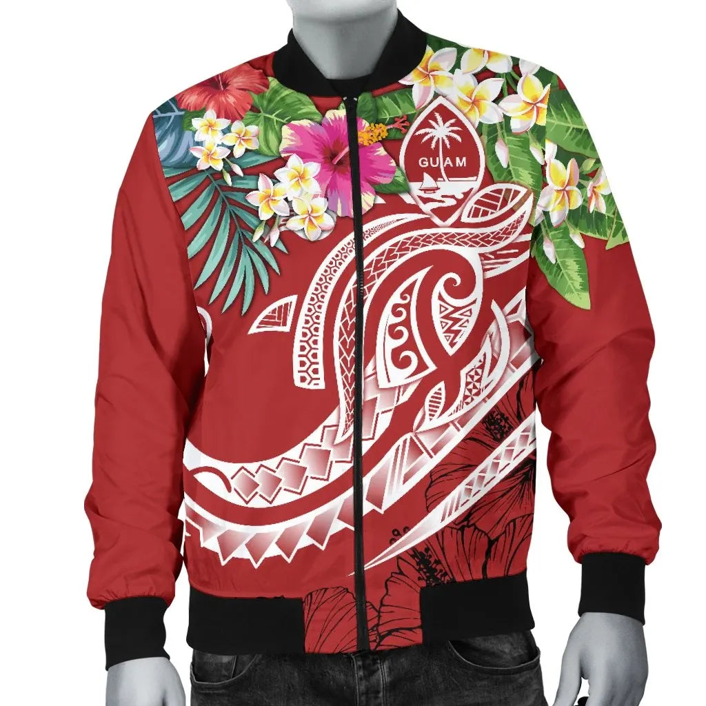 Guam Polynesian Bomber Jacket- Summer Plumeria (Black)