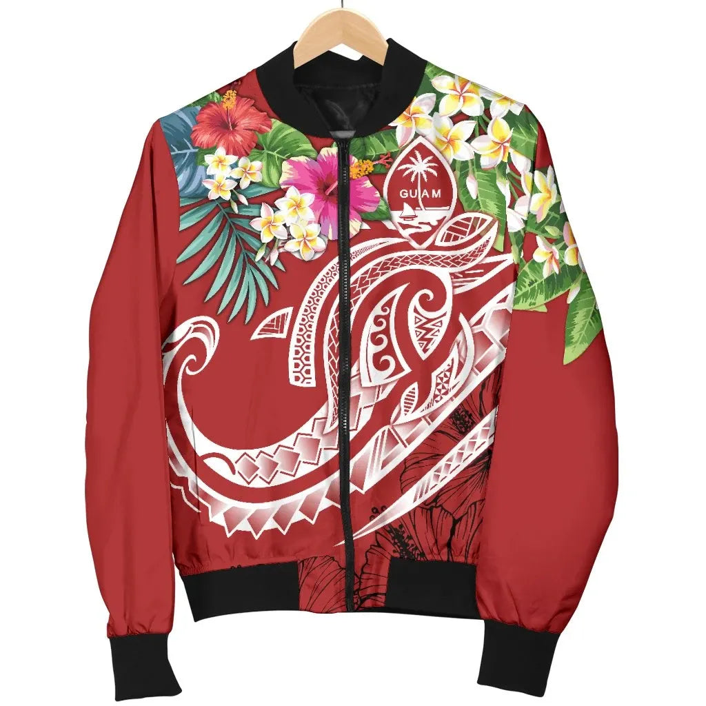 Guam Polynesian Bomber Jacket- Summer Plumeria (Black)