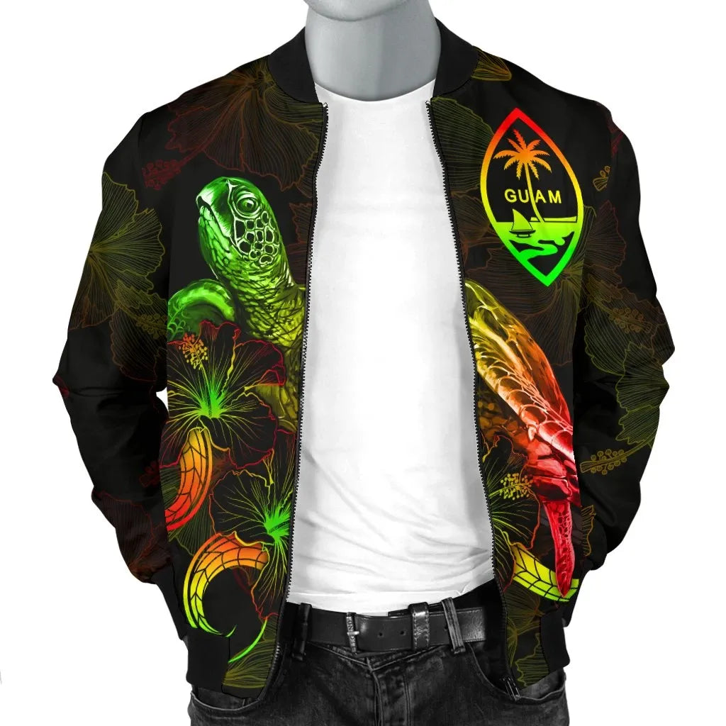 Guam Polynesian Bomber Jacket - Turtle With Blooming Hibiscus Reggae