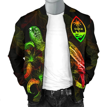 Guam Polynesian Bomber Jacket - Turtle With Blooming Hibiscus Reggae