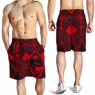 Guam Polynesian Men Short - Red Guam Coat Of Arms Polynesian Tattoo