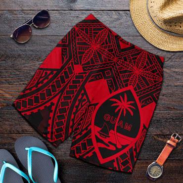 Guam Polynesian Men Short - Red Guam Coat Of Arms Polynesian Tattoo