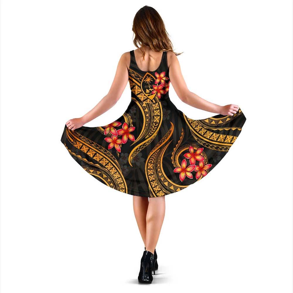 Guam Polynesian Midi Dress - Gold Plumeria