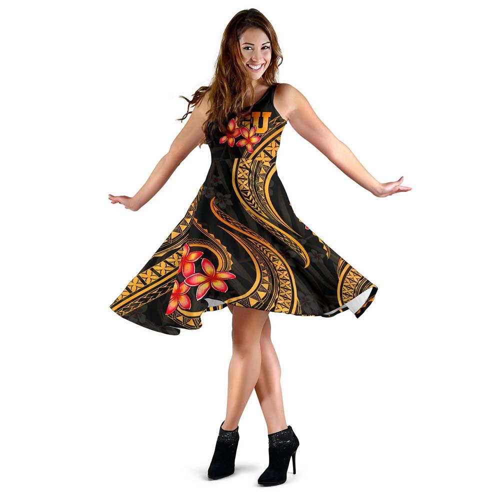 Guam Polynesian Midi Dress - Gold Plumeria