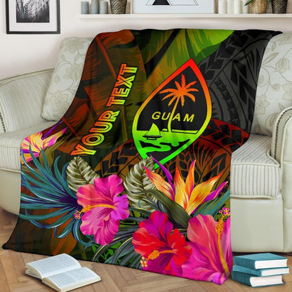 Guam Polynesian Personalised Premium Blanket -  Hibiscus and Banana Leaves