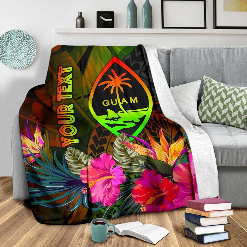 Guam Polynesian Personalised Premium Blanket -  Hibiscus and Banana Leaves