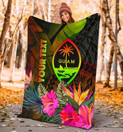Guam Polynesian Personalised Premium Blanket -  Hibiscus and Banana Leaves