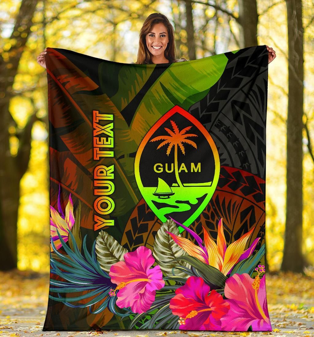 Guam Polynesian Personalised Premium Blanket -  Hibiscus and Banana Leaves