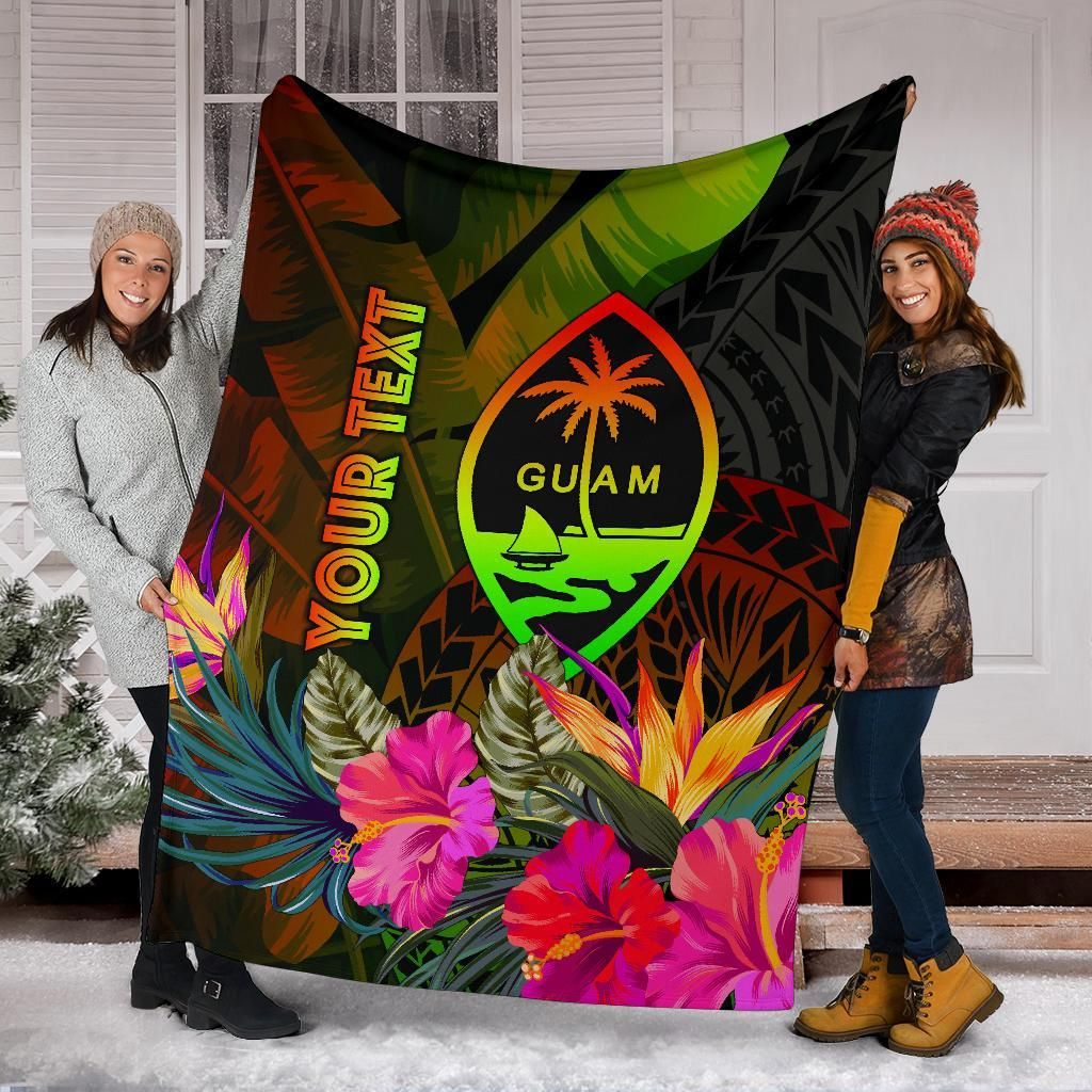 Guam Polynesian Personalised Premium Blanket -  Hibiscus and Banana Leaves
