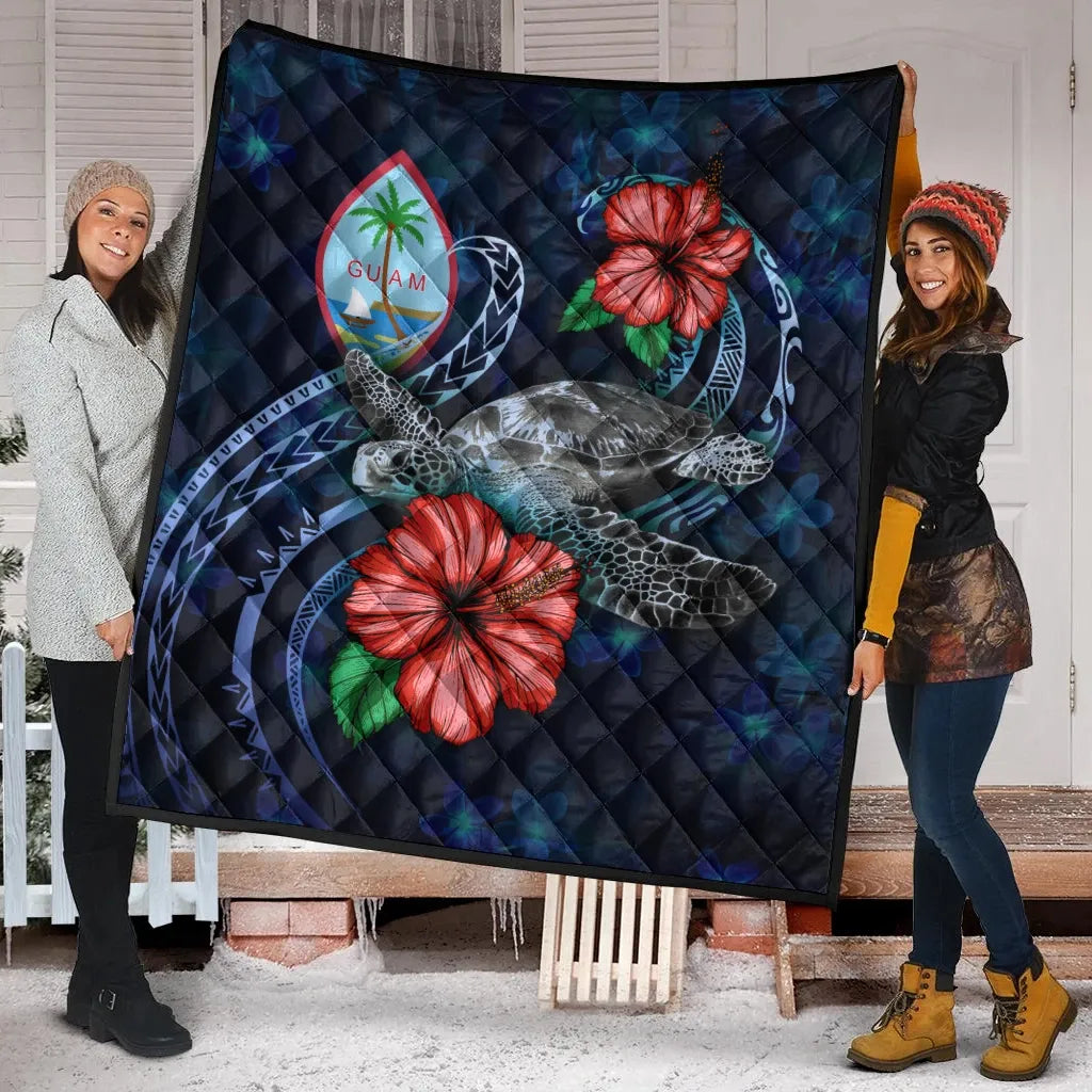 Guam Polynesian Premium Quilt - Blue Turtle Hibiscus