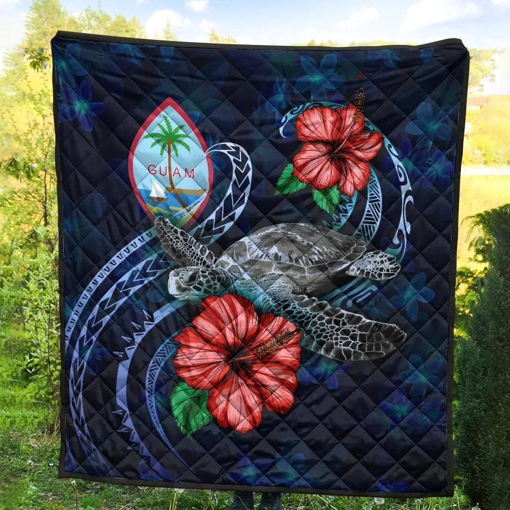Guam Polynesian Premium Quilt - Blue Turtle Hibiscus