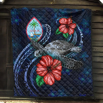 Guam Polynesian Premium Quilt - Blue Turtle Hibiscus