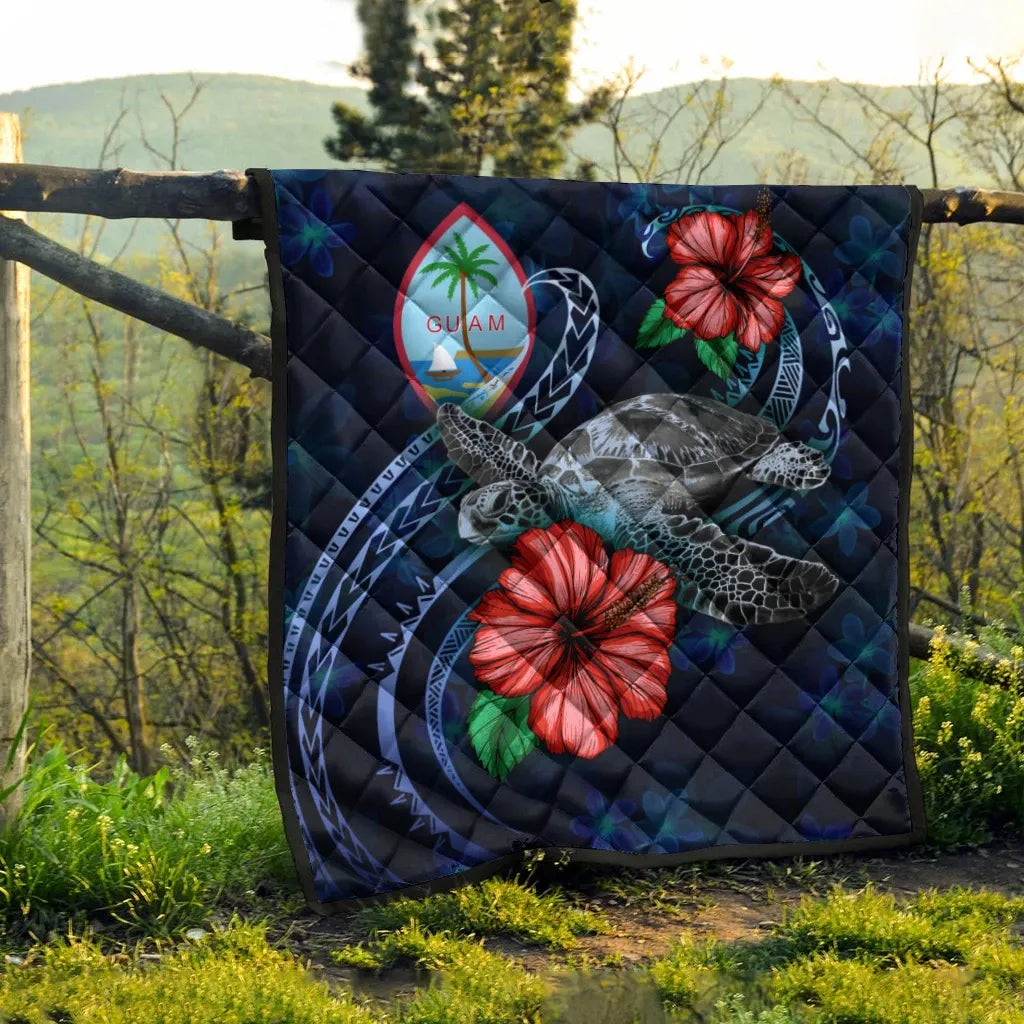 Guam Polynesian Premium Quilt - Blue Turtle Hibiscus