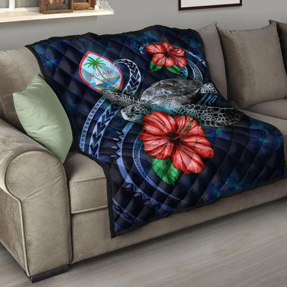 Guam Polynesian Premium Quilt - Blue Turtle Hibiscus