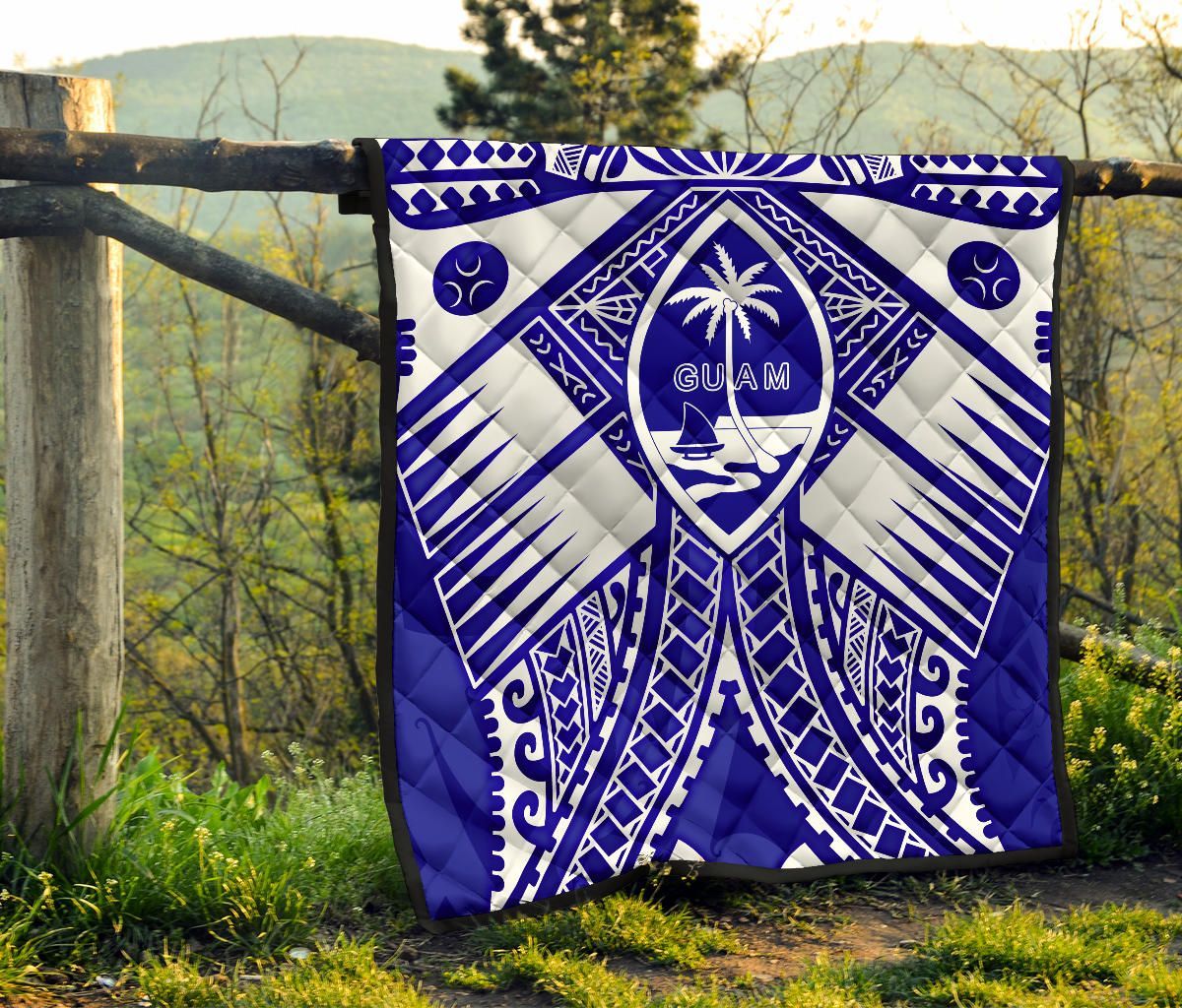 Guam Polynesian Premium Quilt - Guam White Seal with Polynesian Tattoo Ver 02