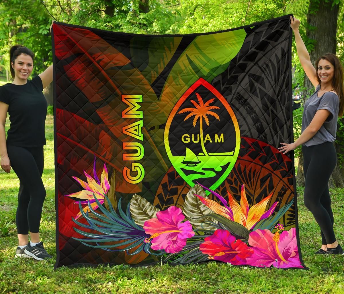 Guam Polynesian Premium Quilt -  Hibiscus and Banana Leaves