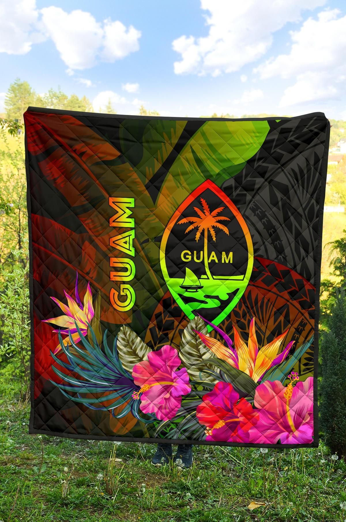 Guam Polynesian Premium Quilt -  Hibiscus and Banana Leaves