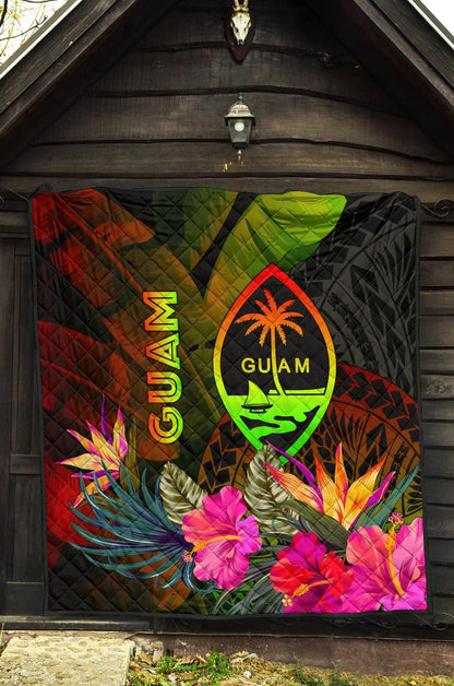 Guam Polynesian Premium Quilt -  Hibiscus and Banana Leaves