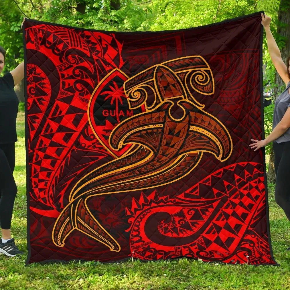 Guam Polynesian Premium Quilt - Red Shark Polynesian Tattoo