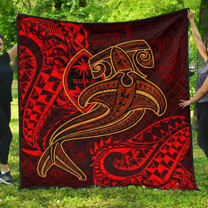 Guam Polynesian Premium Quilt - Red Shark Polynesian Tattoo