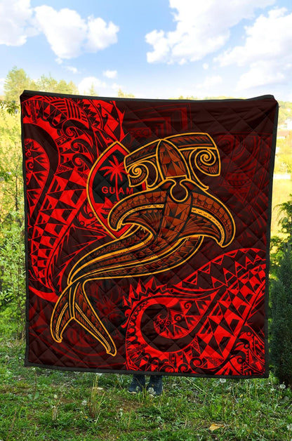Guam Polynesian Premium Quilt - Red Shark Polynesian Tattoo
