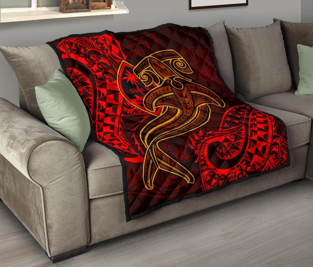 Guam Polynesian Premium Quilt - Red Shark Polynesian Tattoo