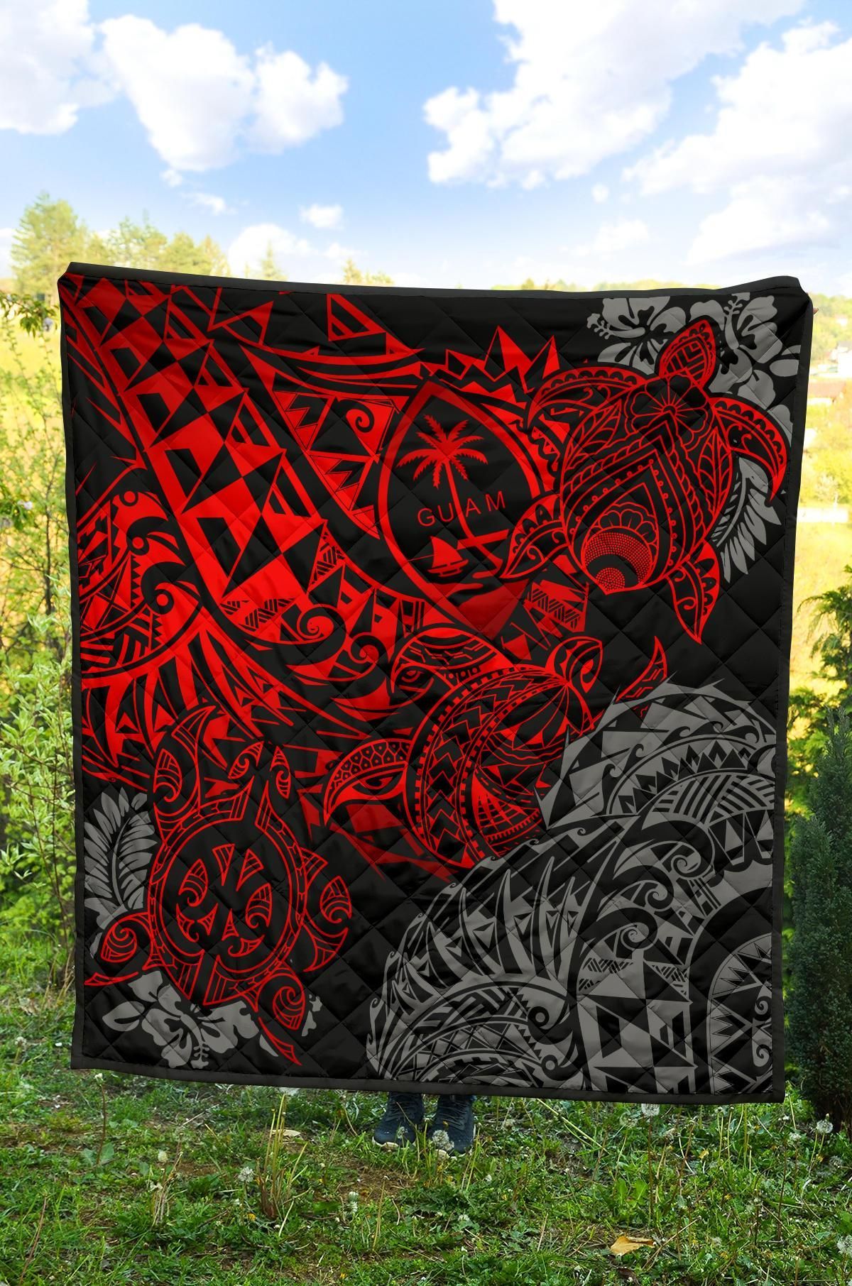 Guam Polynesian Premium Quilt - Red Turtle Flowing