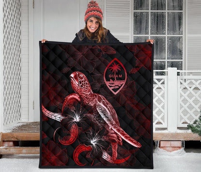 Guam Polynesian Premium Quilt - Turtle With Blooming Hibiscus Red