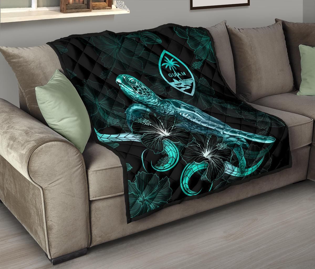 Guam Polynesian Premium Quilt - Turtle With Blooming Hibiscus Turquoise