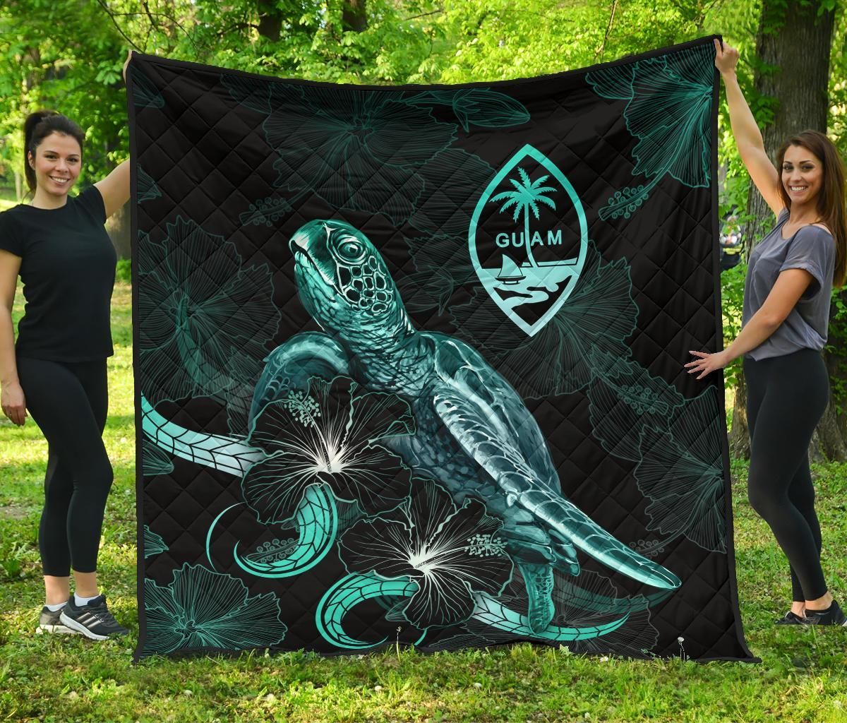 Guam Polynesian Premium Quilt - Turtle With Blooming Hibiscus Turquoise
