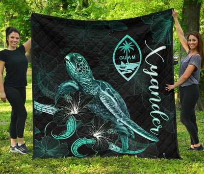 Guam Polynesian Premium Quilt - Turtle With Blooming Hibiscus Turquoise (Xyander Ver)