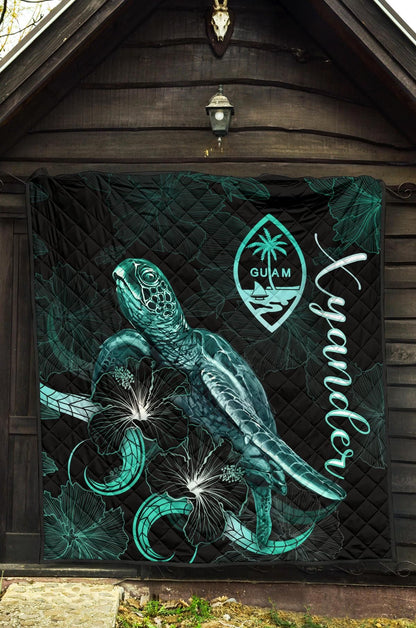 Guam Polynesian Premium Quilt - Turtle With Blooming Hibiscus Turquoise (Xyander Ver)