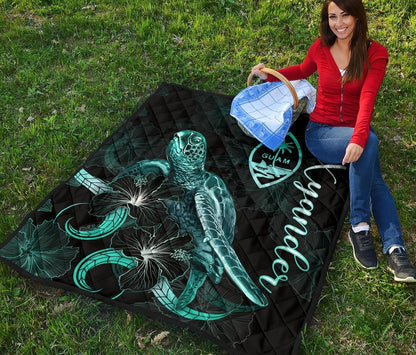 Guam Polynesian Premium Quilt - Turtle With Blooming Hibiscus Turquoise (Xyander Ver)