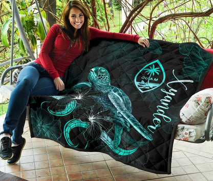 Guam Polynesian Premium Quilt - Turtle With Blooming Hibiscus Turquoise (Xyander Ver)