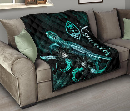 Guam Polynesian Premium Quilt - Turtle With Blooming Hibiscus Turquoise (Xyander Ver)