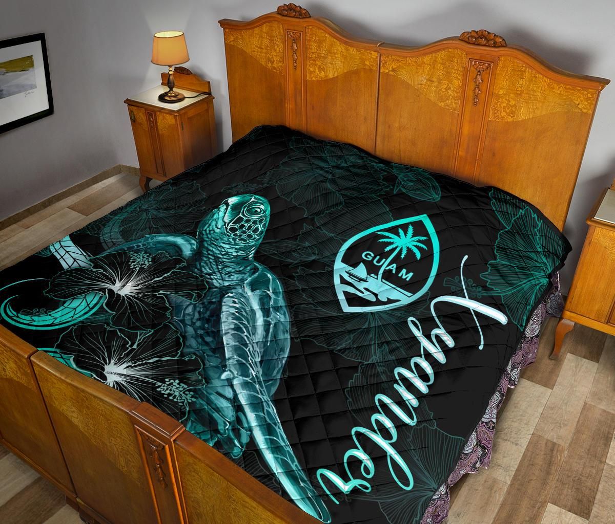 Guam Polynesian Premium Quilt - Turtle With Blooming Hibiscus Turquoise (Xyander Ver)