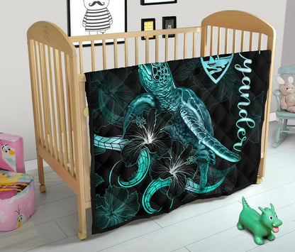 Guam Polynesian Premium Quilt - Turtle With Blooming Hibiscus Turquoise (Xyander Ver)