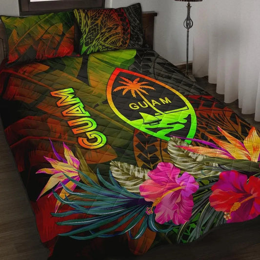 Guam Polynesian Quilt Bed Set - Hibiscus and Banana Leaves